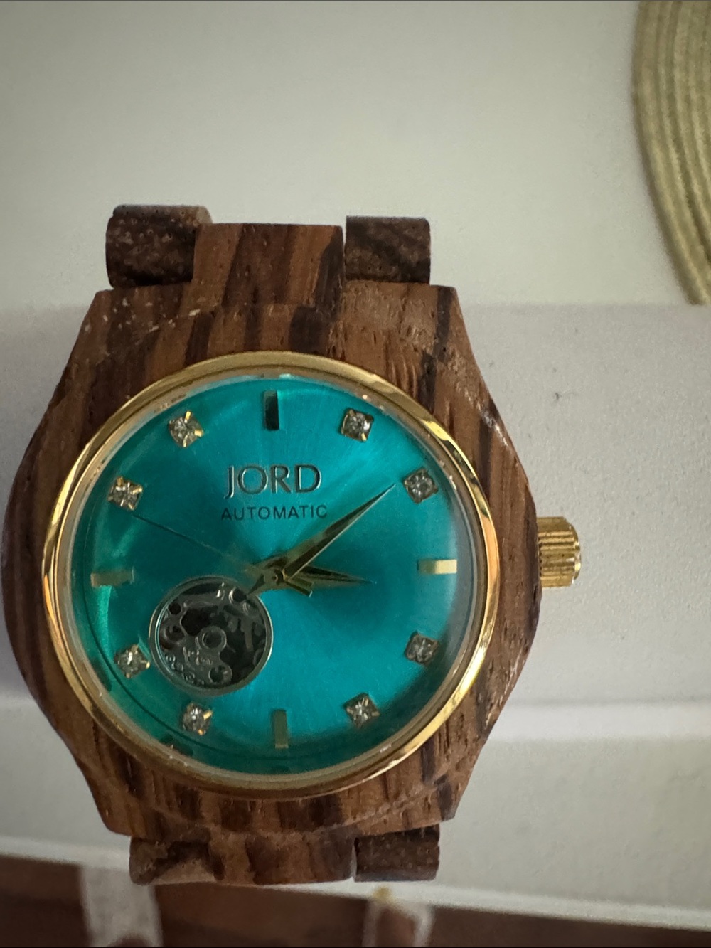 Automatic women’s Wood Watch - Teal Dial, Gold Accents